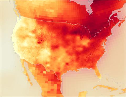 Graphic of a US map with temperatures shown in shades of red, orange and yellow