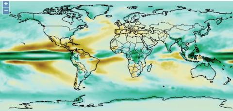 Graphic of world map with precipitation data shown in blues, greens and tan colors.